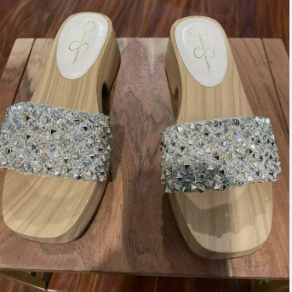 Jessica Simpson Rell Wood Platform Sandals Shoes Natural Gold Spikes Women’s 8M
